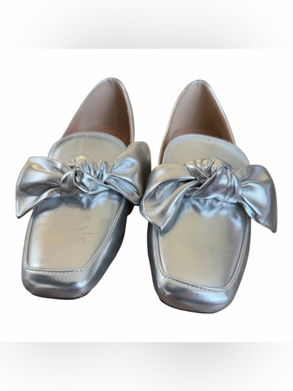 New York & Company Metallic Silver Bow Loafers